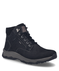 The ankle boot in black combination is made of a robust material and features lacing. The contrasting seams and reinforced sole are particularly striking.