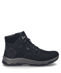 The ankle boot in black combination is made of a robust material and features lacing. The contrasting seams and reinforced sole are particularly striking.
