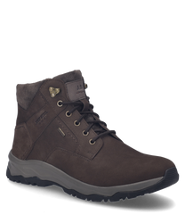 The ankle boot in dark brown with a robust lacing presents itself in a dark brown shade. It is made from high-quality material that appears durable featuring subtle decorative stitching and a lightly padded lining.