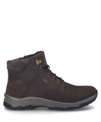 The ankle boot in dark brown with a robust lacing presents itself in a dark brown shade. It is made from high-quality material that appears durable featuring subtle decorative stitching and a lightly padded lining.
