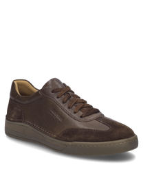 La scarpa in colore Moro è realizzata in pelle di alta qualità e presenta una chiusura con lacci. Caratteristiche particolari sono i dettagli in suede a contrasto sul tallone e sui lati.
