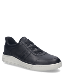 Black sneaker made of smooth material with elastic closure. The shoe features a light gray sole and subtle seam detailing.