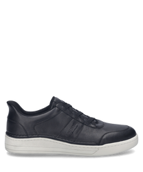 Black sneaker made of smooth material with elastic closure. The shoe features a light gray sole and subtle seam detailing.