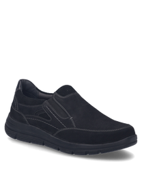 Black slip-on shoe with elastic band made from high-quality material. The shoe features contrasting stitching and a sturdy sole.