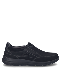 Black slip-on shoe with elastic band made from high-quality material. The shoe features contrasting stitching and a sturdy sole.