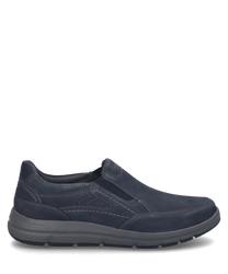 Indigo-colored slip-on shoe with elastic made of soft material. The shoe has a sturdy sole and subtle decorative stitching.