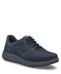 Dieser Sneaker in indigo-kombi zeigt eine elegante Schnürung und besteht aus hochwertigem mattem Material. Der Schuh hat eine robuste graue Sohle und kontrastierende Nähte für einen modernen Look.