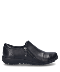 La chaussure noire en cuir a une fermeture éclair latérale et une surface lisse. Le design est simple et élégant parfait pour le quotidien.