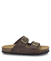 Brązowe sandały z dwiema klamrami jako zapięcie wykonane ze skóry. Podeszwa jest z korka i gumy co zapewnia dodatkowy komfort.