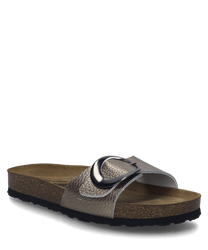 The depicted bronze sandal features a textured surface and a wide strap with a distinctive buckle as a closure. The sole is lightly padded and comes in a natural brown tone providing additional wearing comfort.