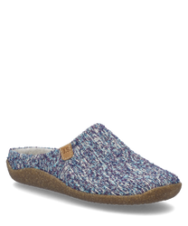 Le chausson est conçu dans une combinaison de couleurs bleu-multi et est fabriqué en matériau tricoté. Il n'a pas de fermeture et une semelle robuste marron.