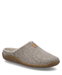 Le chausson en combinaison beige est fabriqué en un matériau textile doux sans fermeture. Il a une semelle brune antidérapante et offre une entrée confortable et facile.