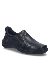 Black slip-on shoe made of smooth leather with elastic for easy on and off. The shoe features a simple seam design and a sturdy sole perfect for everyday wear.