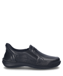 Black slip-on shoe made of smooth leather with elastic for easy on and off. The shoe features a simple seam design and a sturdy sole perfect for everyday wear.