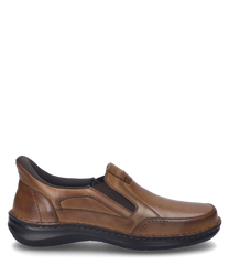A cognac-colored leather slip-on with elastic for easy on and off. The shoe features a smooth surface and a sturdy dark sole.
