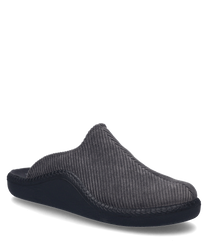 Chausson anthracite en matériau doux et côtelé sans fermeture. La chaussure a une semelle confortable légèrement surélevée pour un confort supplémentaire.