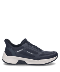 Donkerblauwe sneaker met veters en sportief ontwerp. De schoen is gemaakt van ademend materiaal met een lichte contrasterende witte zool.