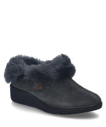 Chausson anthracite en matériau doux avec un col en fourrure moelleux et sans fermeture idéal pour des heures confortables à la maison.