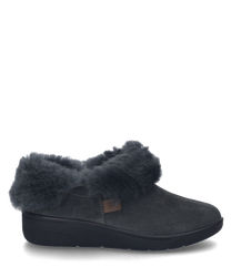 Chausson anthracite en matériau doux avec un col en fourrure moelleux et sans fermeture idéal pour des heures confortables à la maison.