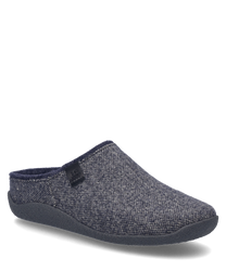 The house slipper is designed in an elegant dark blue and is made from a soft textured material. The shoe has no closure and provides a comfortable easily accessible fit.