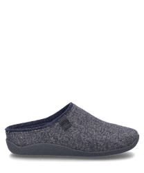 The house slipper is designed in an elegant dark blue and is made from a soft textured material. The shoe has no closure and provides a comfortable easily accessible fit.