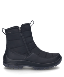 Botte noire avec fermeture éclair fabriquée en matériau durable. La botte a une semelle robuste et des coutures discrètes pour un style supplémentaire.