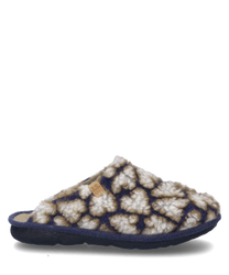 The house slipper is designed in a beige-multi color combination and is made of a soft fluffy material. The shoe has no closure and features a striking pattern that combines comfort and style.
