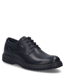 The black leather derby shoe features a classic lace-up design and a sturdy textured sole. The shoe has a subtle logo on the side and is ideal for an elegant yet comfortable appearance.