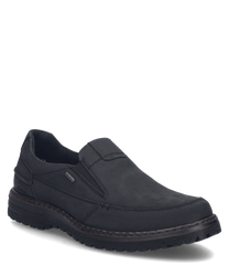 Schwarzer Slipper aus glattem Material mit Gummizugverschluss ideal für einen bequemen Einstieg. Der Schuh hat eine robuste Sohle und dezente Ziernähte für einen klassischen Look.