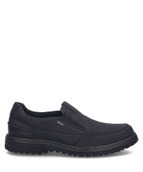 Schwarzer Slipper aus glattem Material mit Gummizugverschluss ideal für einen bequemen Einstieg. Der Schuh hat eine robuste Sohle und dezente Ziernähte für einen klassischen Look.