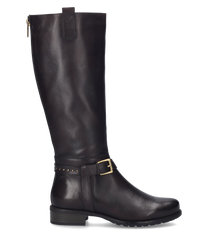 Esta bota en color espresso se presenta con un elegante acabado de cuero liso. La bota está equipada con una cremallera que facilita el poner y quitar. Una correa decorativa con una hebilla de metal le da un toque especial al diseño.