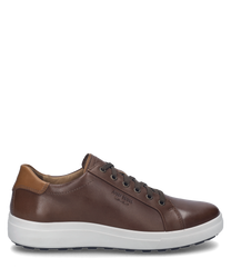 La sneaker de couleur "castagne-kombi" est en cuir lisse marron avec un laçage. Les caractéristiques particulières sont les inserts en cuir brun clair contrastants sur la tige ainsi que la semelle en caoutchouc noire.