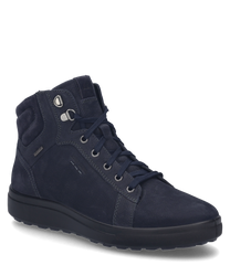 Sneaker blu in tessuto scamosciato con allacciatura. La suola nera e la fodera interna offrono comfort e supporto ideali per l'uso quotidiano.