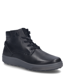 The black sneaker is made of smooth leather with visible lacing. The shoe features a sturdy gray sole and an ankle-high cut for additional support.