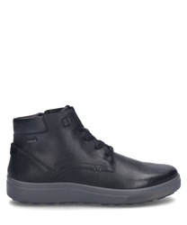 The black sneaker is made of smooth leather with visible lacing. The shoe features a sturdy gray sole and an ankle-high cut for additional support.