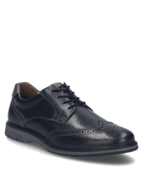 Chaussure élégante en cuir noir avec lacets. La chaussure se distingue par de fins détails brogue et une semelle robuste qui allie confort et style.