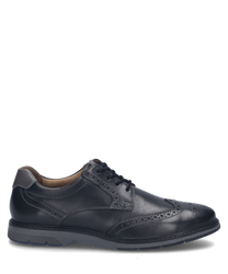 Chaussure élégante en cuir noir avec lacets. La chaussure se distingue par de fins détails brogue et une semelle robuste qui allie confort et style.