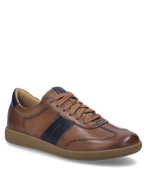 De sneaker in camel-kombi-kleur is gemaakt van hoogwaardig leer en heeft een lichtbruine vetersluiting. De schoen heeft een donkerblauwe accent op de hiel en een antislip rubberen zool.
