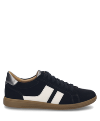 La sneaker nera-multicolore presenta un design classico con lacci e accenti a strisce chiare sui lati. È realizzata in un materiale liscio con una suola in gomma a contrasto per una maggiore aderenza.