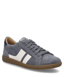 Sneaker w kolorze "asfalt-multi" wykonany jest z szarej zamszowej skóry z białymi detalami i brązową gumową podeszwą. Szczególnymi cechami są sznurowanie i kontrastowy design.