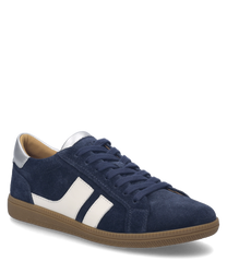 La sneaker de couleur indigo-multi est en daim de haute qualité et est dotée de lacets. Les caractéristiques particulières sont les bandes blanches sur les côtés et la semelle en caoutchouc marron.