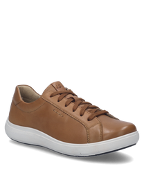 Brauner Sneaker aus glattem Leder mit Schnürung und weißer Sohle. Schlichtes Design mit dezenten Nähten ideal für einen lässigen Look.