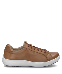 Brauner Sneaker aus glattem Leder mit Schnürung und weißer Sohle. Schlichtes Design mit dezenten Nähten ideal für einen lässigen Look.
