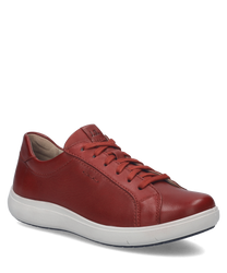 Roter Sneaker aus glattem Leder mit Schnürung und weißer Sohle. Schlichtes Design mit abgerundeter Spitze und dezenten Nähten ideal für einen lässigen Look.