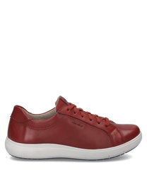 Roter Sneaker aus glattem Leder mit Schnürung und weißer Sohle. Schlichtes Design mit abgerundeter Spitze und dezenten Nähten ideal für einen lässigen Look.