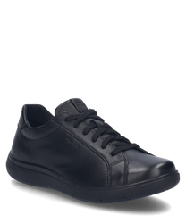 Ein eleganter schwarzer Sneaker aus glattem Leder mit klassischer Schnürung. Der Schuh besticht durch sein schlichtes Design und eine robuste bequeme Sohle für optimalen Tragekomfort.
