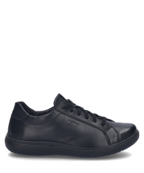 Ein eleganter schwarzer Sneaker aus glattem Leder mit klassischer Schnürung. Der Schuh besticht durch sein schlichtes Design und eine robuste bequeme Sohle für optimalen Tragekomfort.