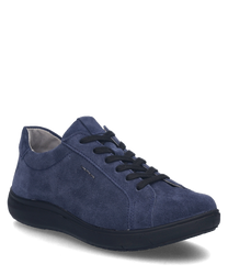 Sneaker blu scuro in suede con lacci. La scarpa ha una silhouette semplice ed elegante e una suola in gomma robusta.