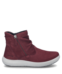 Die abgebildete Stiefelette in kräftigem Rot ist aus weichem Leder gefertigt und verfügt über einen praktischen Reißverschluss an der Seite. Der Schuh hat eine helle kontrastreiche Sohle und bietet sowohl Stil als auch Komfort für den Alltag.
