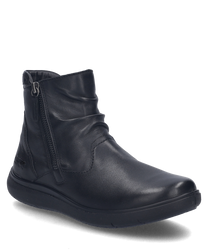 La bottine noire est en cuir lisse et possède une fermeture éclair pratique sur le côté. La chaussure a une forme simple et élégante avec une semelle grise confortable.